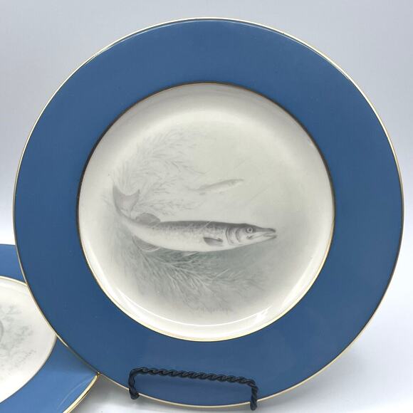 4 Lenox Fish Plates Hand Painted W H Morley Teal Gold Trim Bailey Banks Biddle - Picture 3 of 9